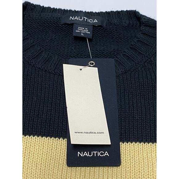 Nautica Men’s Size Large Red Yellow Navy Green Wide Striped Pullover Sweater NWT - Picture 2 of 6